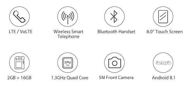 Poptel V9 Android 4G Videotelefon Tablet 8" képernyővel és 2/16 GB memóriával, valamint Bluetooth telefonkagylóval otthonra, irodai alkalmazásra és IoT eszközök vezérlésére